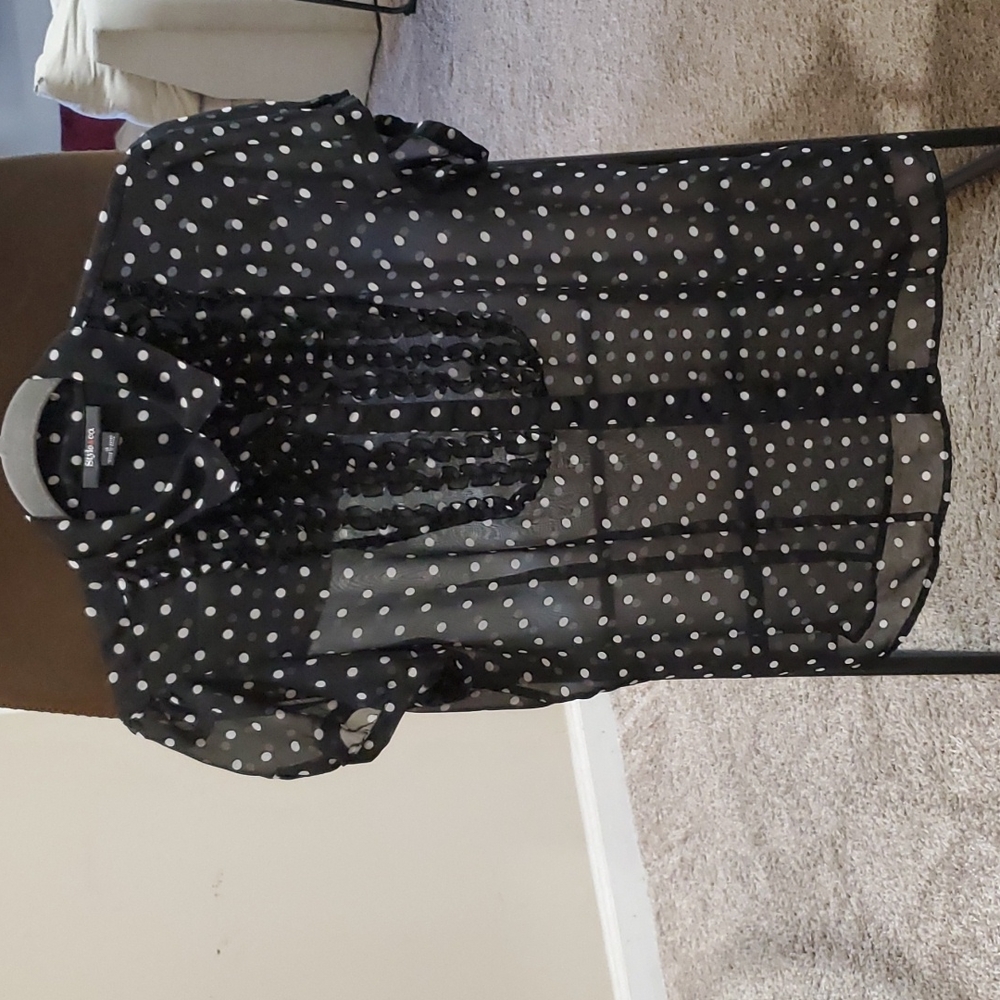 Style & Co polka dot ruffled front sheer top